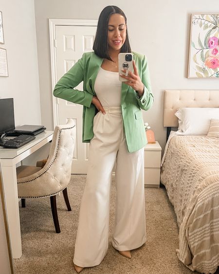 I pair this green blazer from Ann Taylor Factory with an all white base for a chic spring outfit. 

- Blazer: Size 6 - Not Sold Online
- Scoop Neck Bodysuit: Size Medium 
- White Wide Leg Pants: Size 4
- Nude Pumps: Size 8

#LTKSeasonal #LTKworkwear #LTKstyletip
