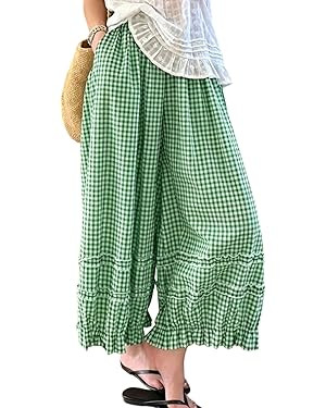 Plaid Wide Leg Pants for Women Summer Cotton Flowy Elastic Waist Ruffle Hem Palazzo Harem Pants w... | Amazon (US)