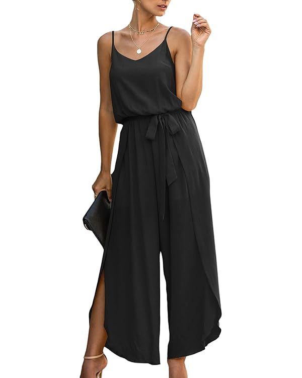 ECOWISH Womens Jumpsuit Spaghetti Strap Wide Leg Split Jumpsuits Long Overalls Summer Beach Loose... | Amazon (US)