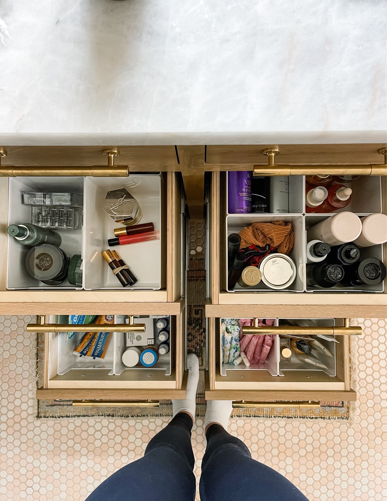 If you are challenged by trying to organize your deeper bathroom drawers, this product works every time! These modular organizers can be pieced together to fit your drawer and your contents. Each organizer includes a placement clip, so it stays where you put it without anything shifting. I love to label the top of the clip. Organizing like this. Also keeps your products from toppling over when you open and close the drawer. 🤍

#LTKhome #LTKfamily