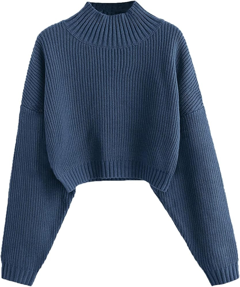 ZAFUL Women's Cropped Turtleneck Sweater Lantern Sleeve Ribbed Knit Pullover Sweater Jumper | Amazon (US)