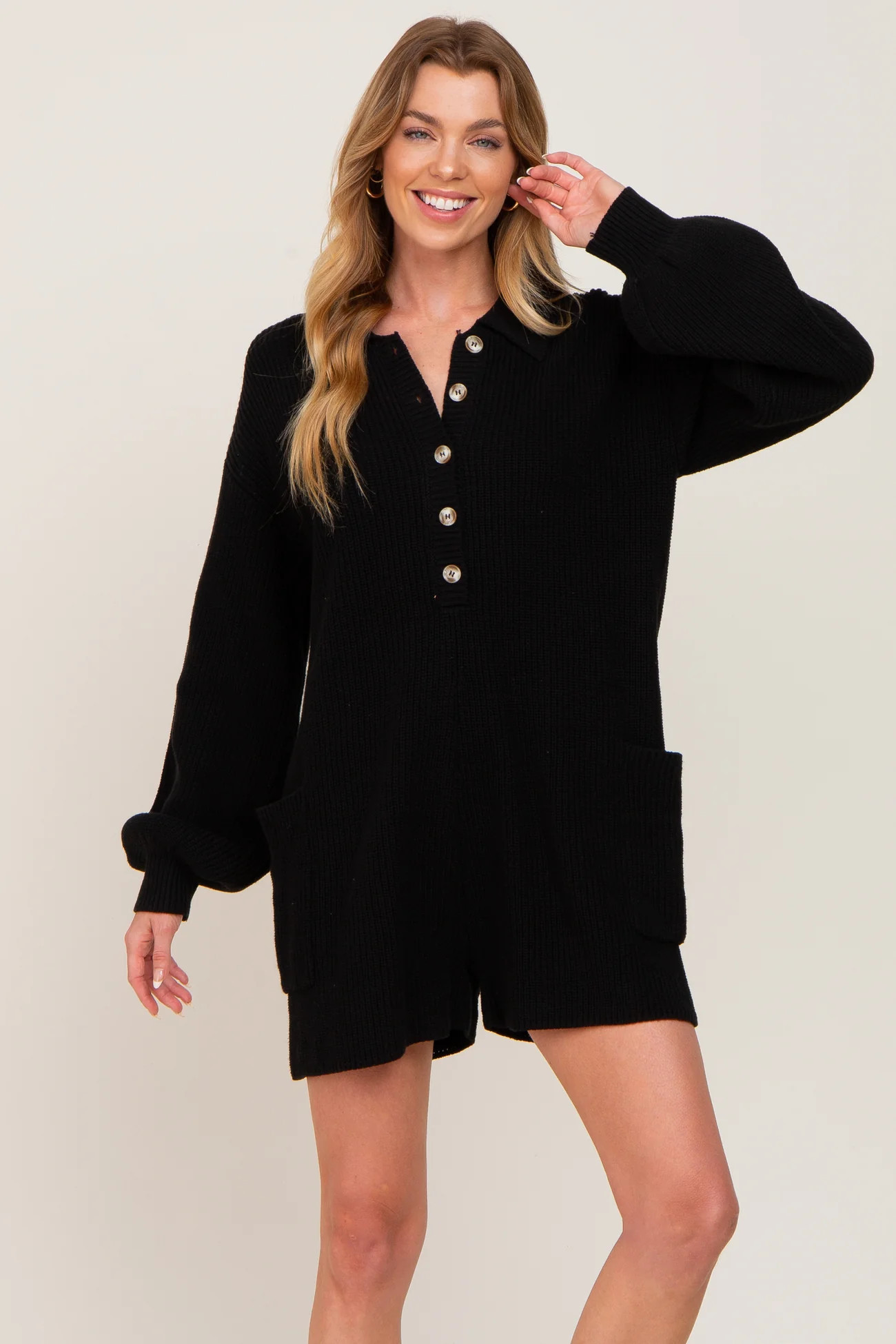 Black Button Down Maternity Sweater Romper | PinkBlush Maternity