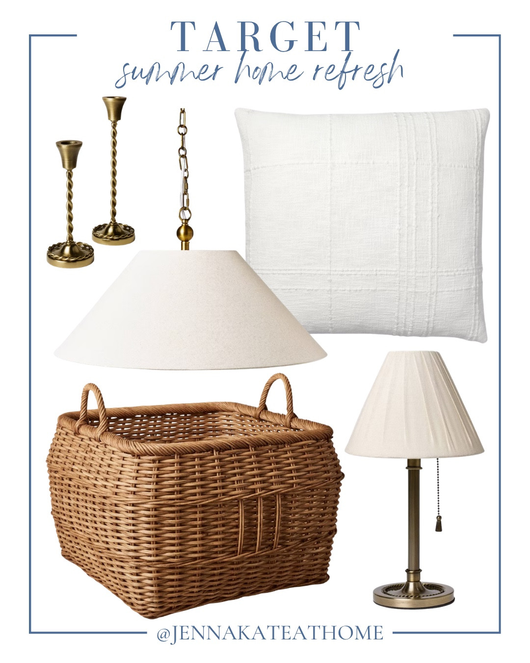 Target summer home refresh includes pendant light, basket, table lamp, throw pillow, and candlestick holders.

Home decor, neutral decor, coastal home, looks for less

#LTKSaleAlert #LTKHome #LTKSeasonal