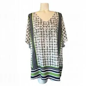 Chico’s Geometric Patterned Embellished V-Neck White Green Black Top 3 XL | Poshmark