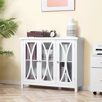 Sideboard, Buffet Cabinet With 3 Tempered Glass Doors, Arc Pattern And Adjustable Storage Shelf, Credenza, White | Wayfair North America