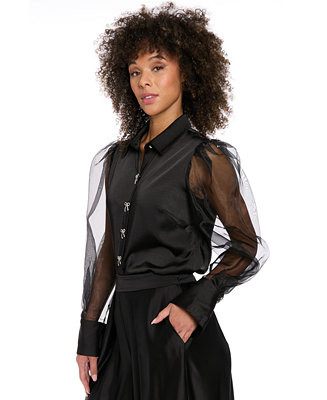 Women's Bow-Button Sheer Bishop-Sleeve Blouse | Macy's