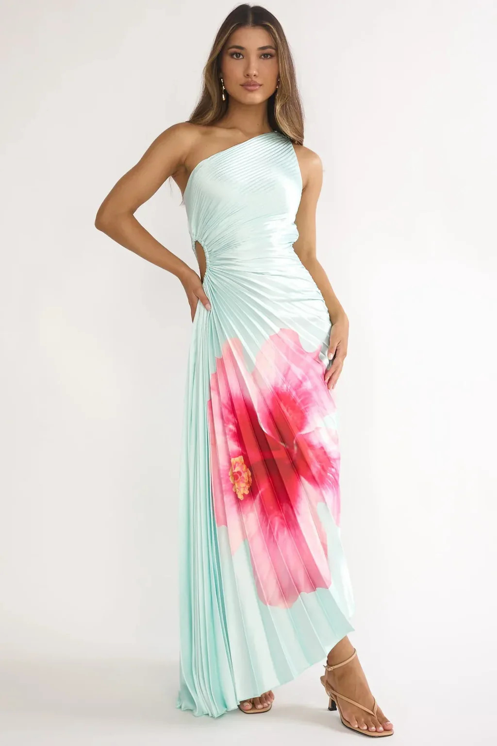 Beth Maxi Dress - Mint Floral Pleated Maxi Dress with Cut-Out | Lady Black Tie