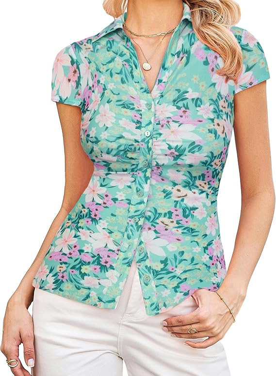 GRACE KARIN Women Mesh Boho Tops Dressy Casual, Short Sleeve Button Down Collared Shirts, 2026 Su... | Amazon (US)