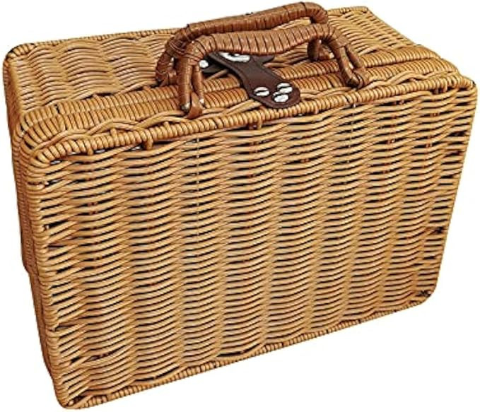 Retro Plastic Wicker Suitcase, Rattan Suitcase Box with Leather Strap Lock, Wicker Picnic Basket ... | Amazon (US)