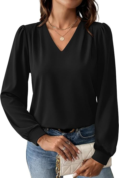 WIHOLL Blouses for Women Dressy Casual Long Sleeve Shirts Fall Fashion | V Neck Puff Sleeve Tops ... | Amazon (US)
