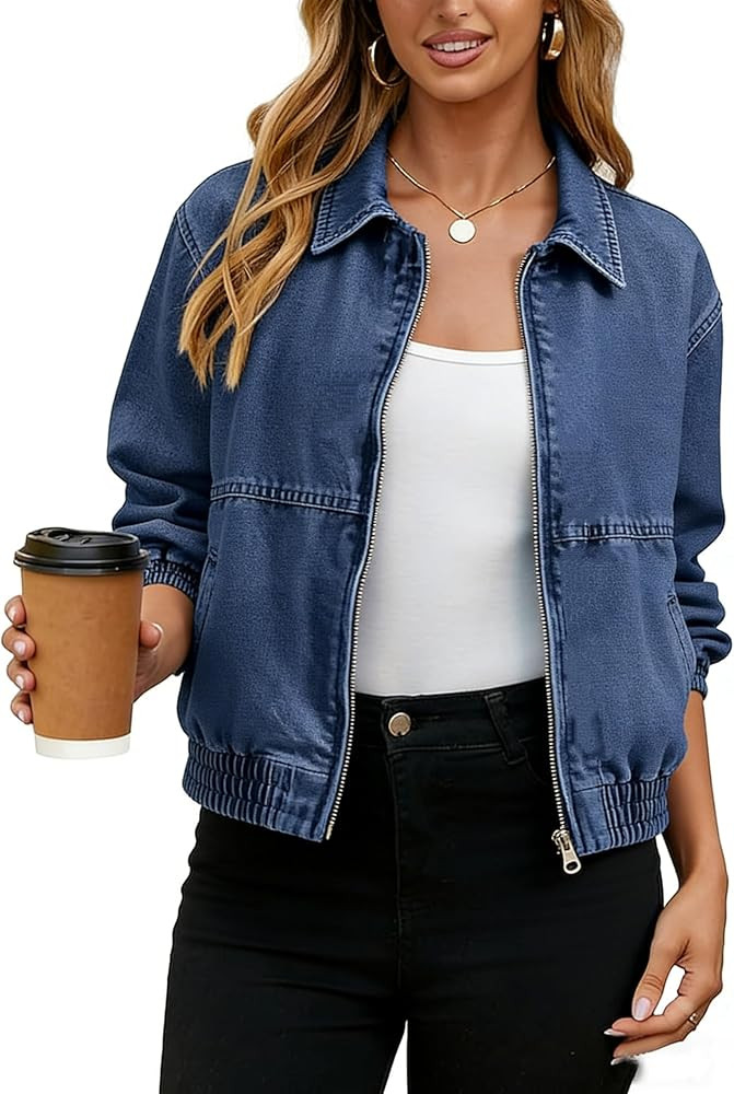 Yeokou Women's Cropped Zip Up Denim Bomber Jacket Elastic Hem Cuffs Stretch Jean Coat for Casual ... | Amazon (US)