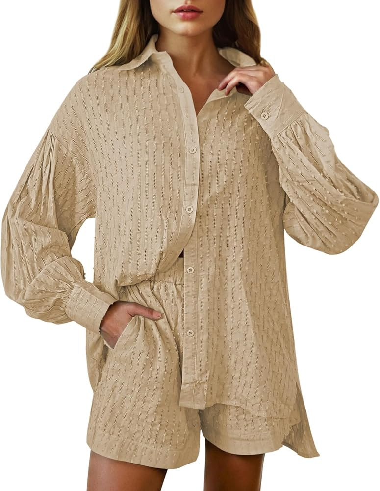 Fixmatti 2 Piece Outfits Long Sleeve Button Down Shirt and Shorts Sweatsuit Lounge Sets | Amazon (US)