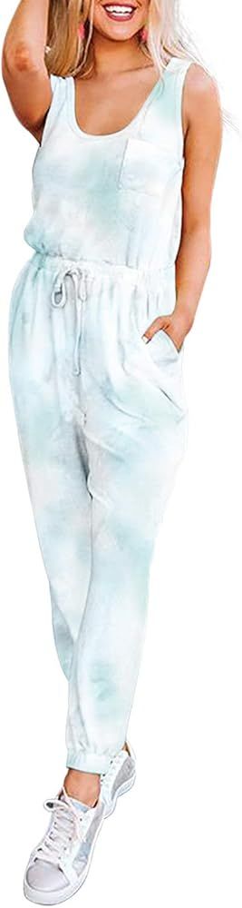 Womens Tie Dye Printed Pajamas One Piece Short Sleeve Jumpsuits Loungewear PJs Nightwear with Poc... | Amazon (US)