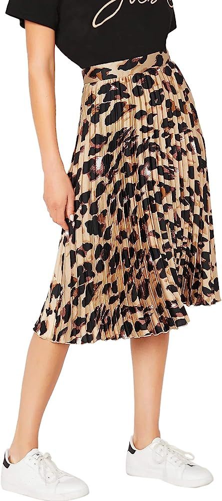 WDIRARA Women's Casual Mid Waist Leopard Print Pleated Satin Midi Skirt Multicolor M | Amazon (US)