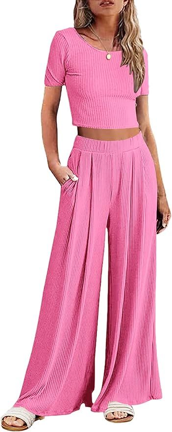 Ekouaer Women's 2 Piece Lounge Sets Ribbed Knit Crop Top Wide Leg Pants with Pockets S-XXL | Amazon (US)