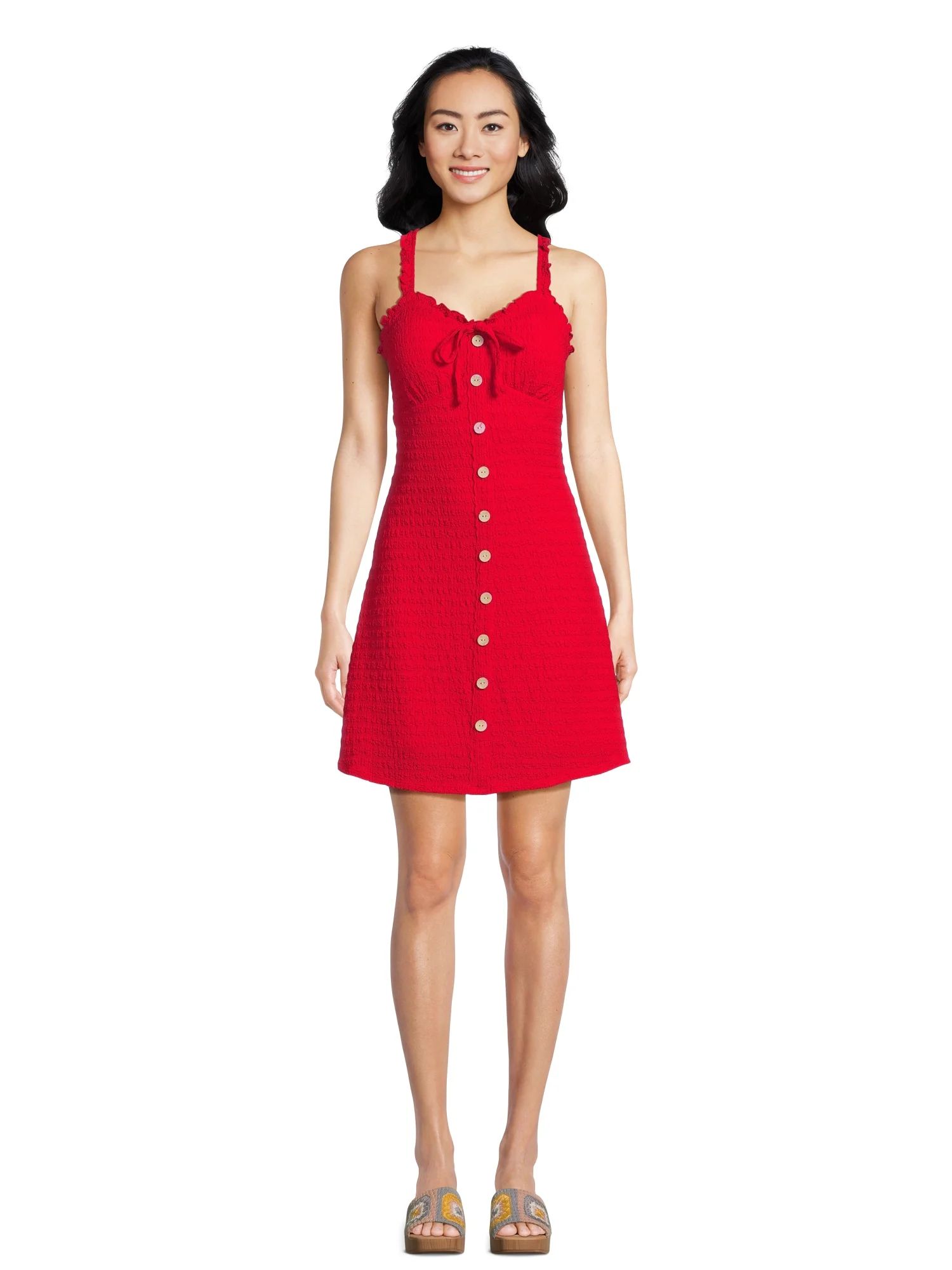 No Boundaries Juniors Textured Faux Button-Front Mini Dress, Sizes XS-XXXL | Walmart (US)