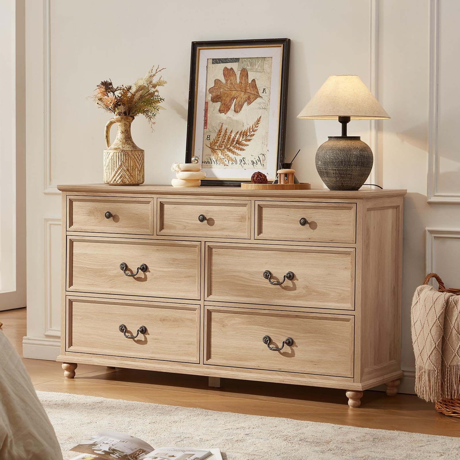 Farmhouse 54" 7 Drawers Dresser for Bedroom, Wide Chest of Drawers w/ 4 Wooden Legs, Vintage Rust... | Amazon (US)