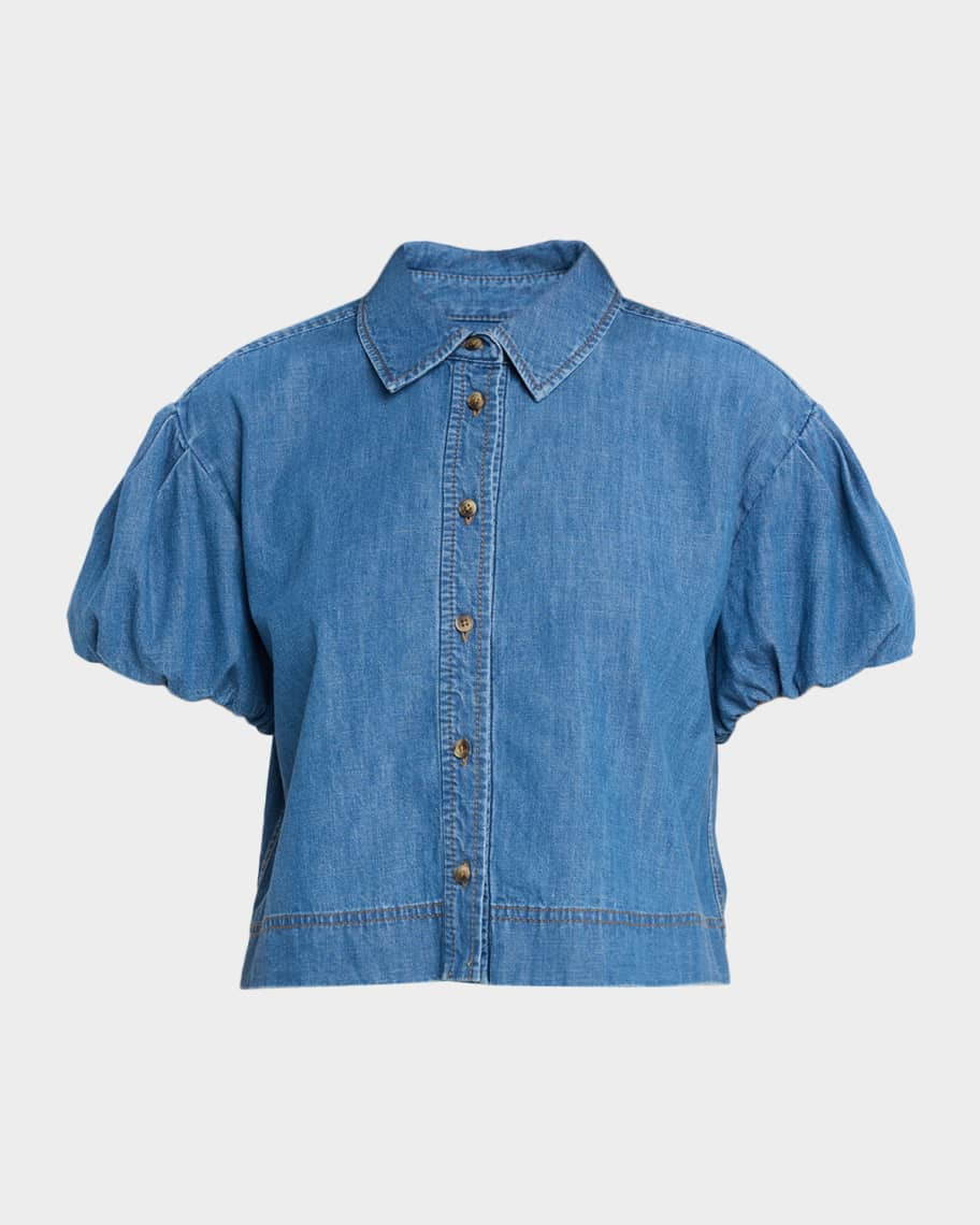 Tanya Taylor Elza Puff-Sleeve Chambray Shirt | Neiman Marcus