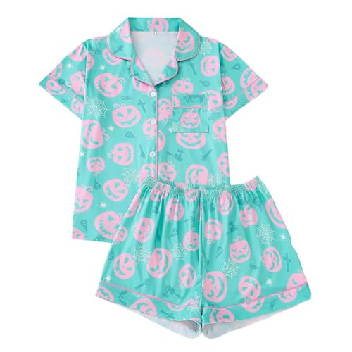 Halloween Pajama Sets for Women 2 Piece Ghost Pumpkin Print Shirts and Shorts Button Down Short Sleeve Sleepwear Women Shorts Sets Outfits Halloween Pajamas Set Light Blue,XXL | Amazon (US)