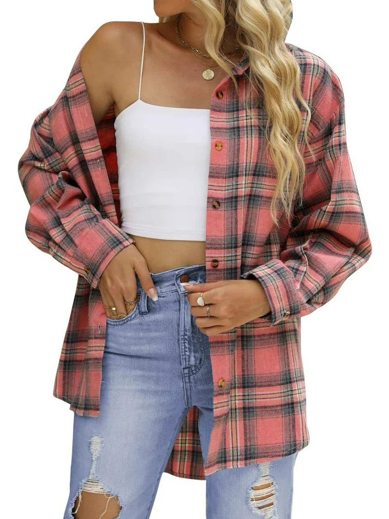 Fantaslook Plaid Flannel Shirts for Women Oversized Long Sleeve Button Down Shirts Blouses Tops | Walmart (US)