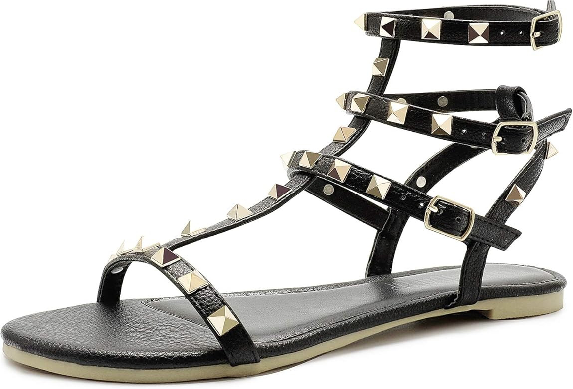 Rivets Studs Flat Sandals w Double Metal Buckle for Women’s Summer Dress Shoes | Amazon (US)