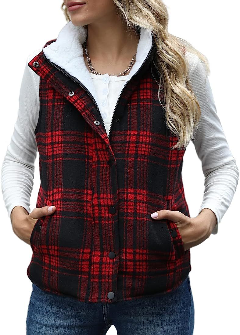 Zilcremo Women Winter Buffalo Plaid Jacket Vest Padding Vests Sherpa Fleece Zip Up Quilted Gilet ... | Amazon (US)