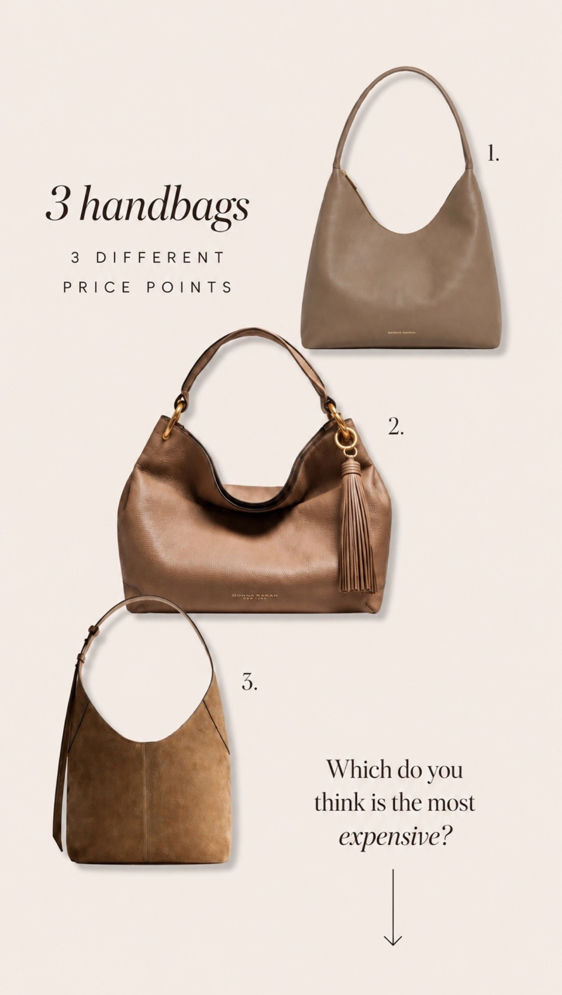I have my eye on these three gorgeous nude colored bags. Don’t get me wrong. I do love a good black leather handbag however, I these colors are so luxurious and are gorgeous for year round. Black is classic & timeless.  But sometimes I feel like it’s a bit too safe.  These three bags are all at different price points. ￼

#LTKTravel #LTKootd #LTKSeasonal