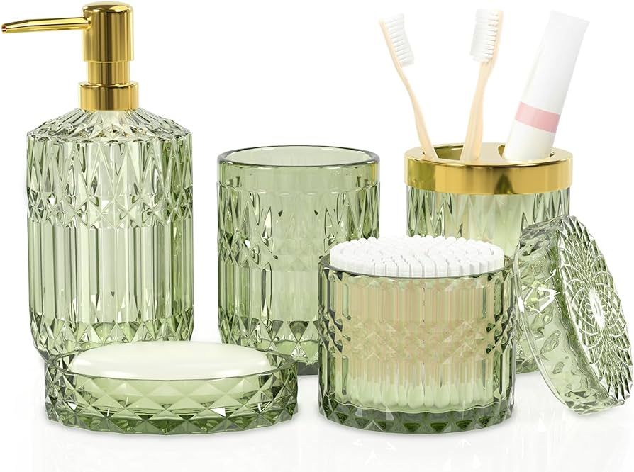 Premium Green Glass Bathroom Accessories Set (5PCS) - Tumbler, Cotton Swab Jars, Soap Dish, Soap ... | Amazon (US)