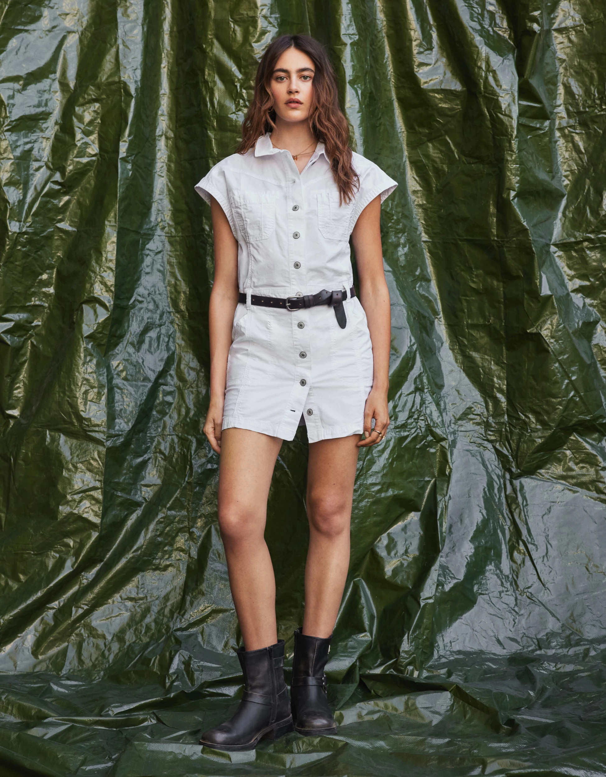AE Snappy Stretch Poplin Utility Mini Dress | American Eagle Outfitters (US & CA)
