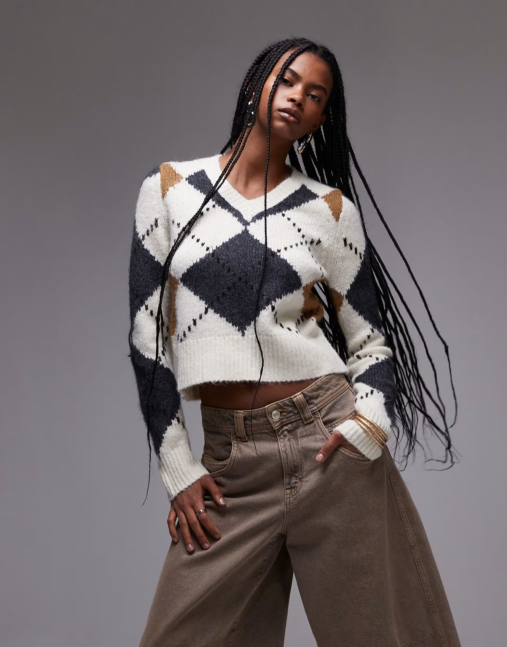 Mango v neck argyle jumper in beige | ASOS (Global)