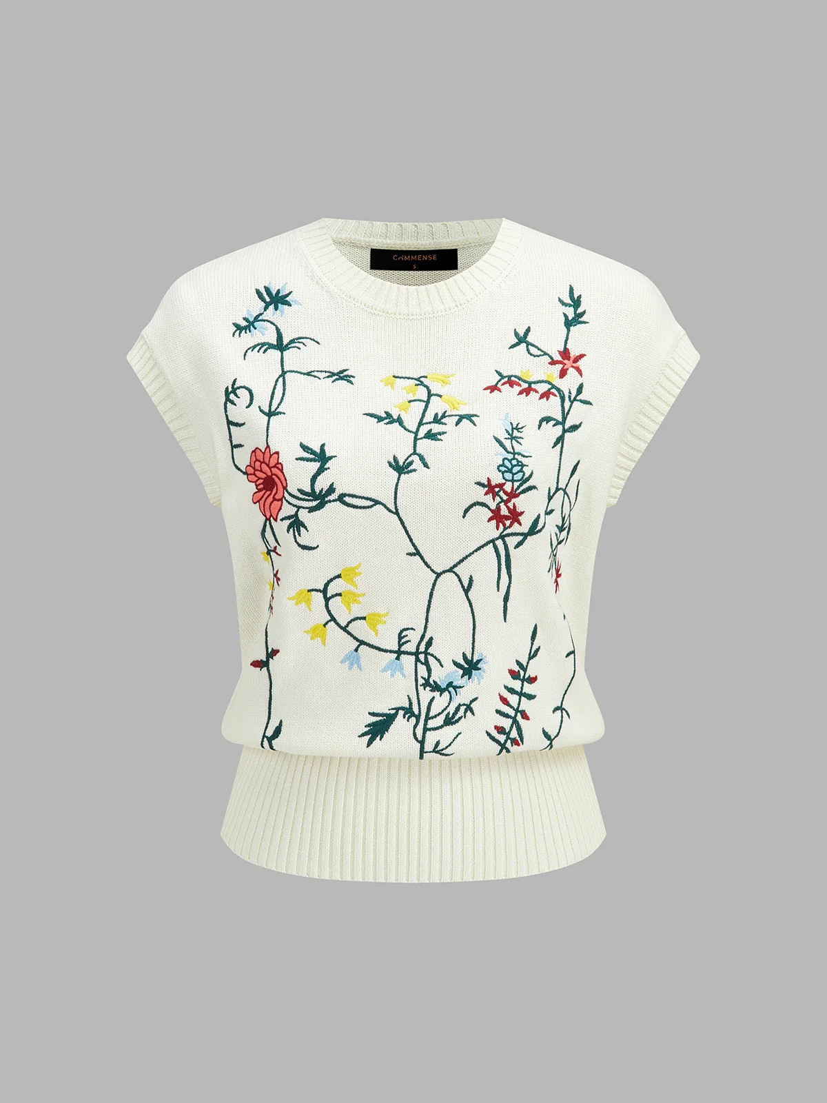 Floral Embroidered Sleeveless Knit Top | Commense