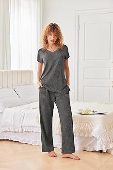 Ekouaer Womens Ribbed Knit Lounge Set Short Sleeve Top and Long Pants Pajamas V Neck 2 Piece Slee... | Amazon (US)
