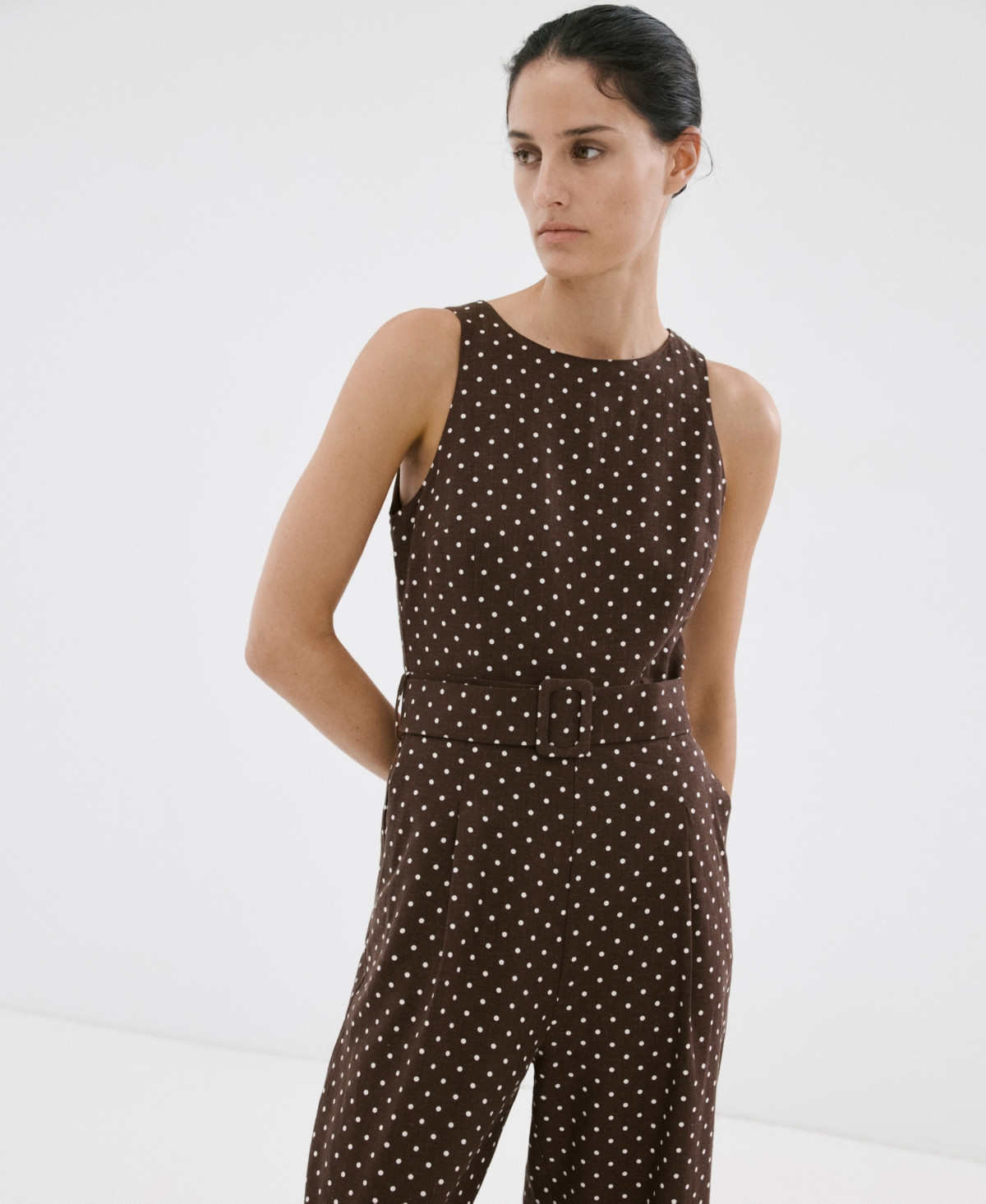 Mango Women's Polka-Dot Belted Linen Jumpsuit - Chocolate | Macy's