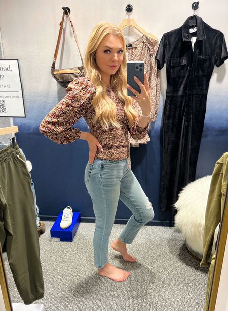 Evereve denim! Runs big, size down 1-2 sizes. I’m wearing a 24. This smocked floral top is perfect for fall transition! On sale for labor day! 

#LTKsalealert #LTKSeasonal #LTKstyletip