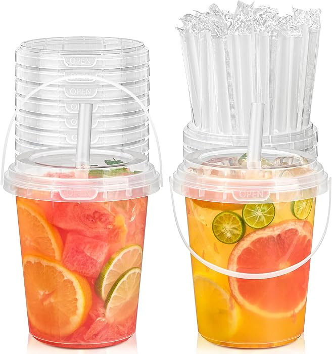 TUZAZO 15 Pack 34 oz Drink Buckets with Lids and Straws, Clear Plastic Bucket Cups with Handles f... | Amazon (US)