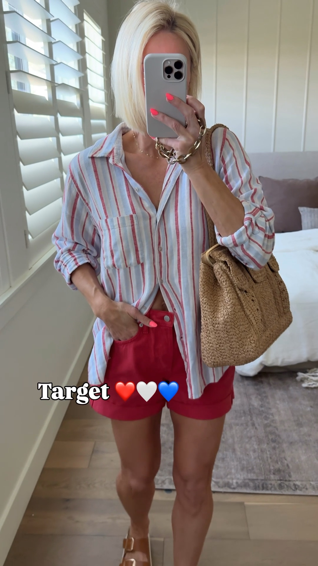 NEW, red, white & blue @Target 
Linen button down & cuffed red denim shorts. 
I sized up in the shorts for a looser, slouchy fit 

#LTKmomlife #LTKOver40 #LTKMothersDay