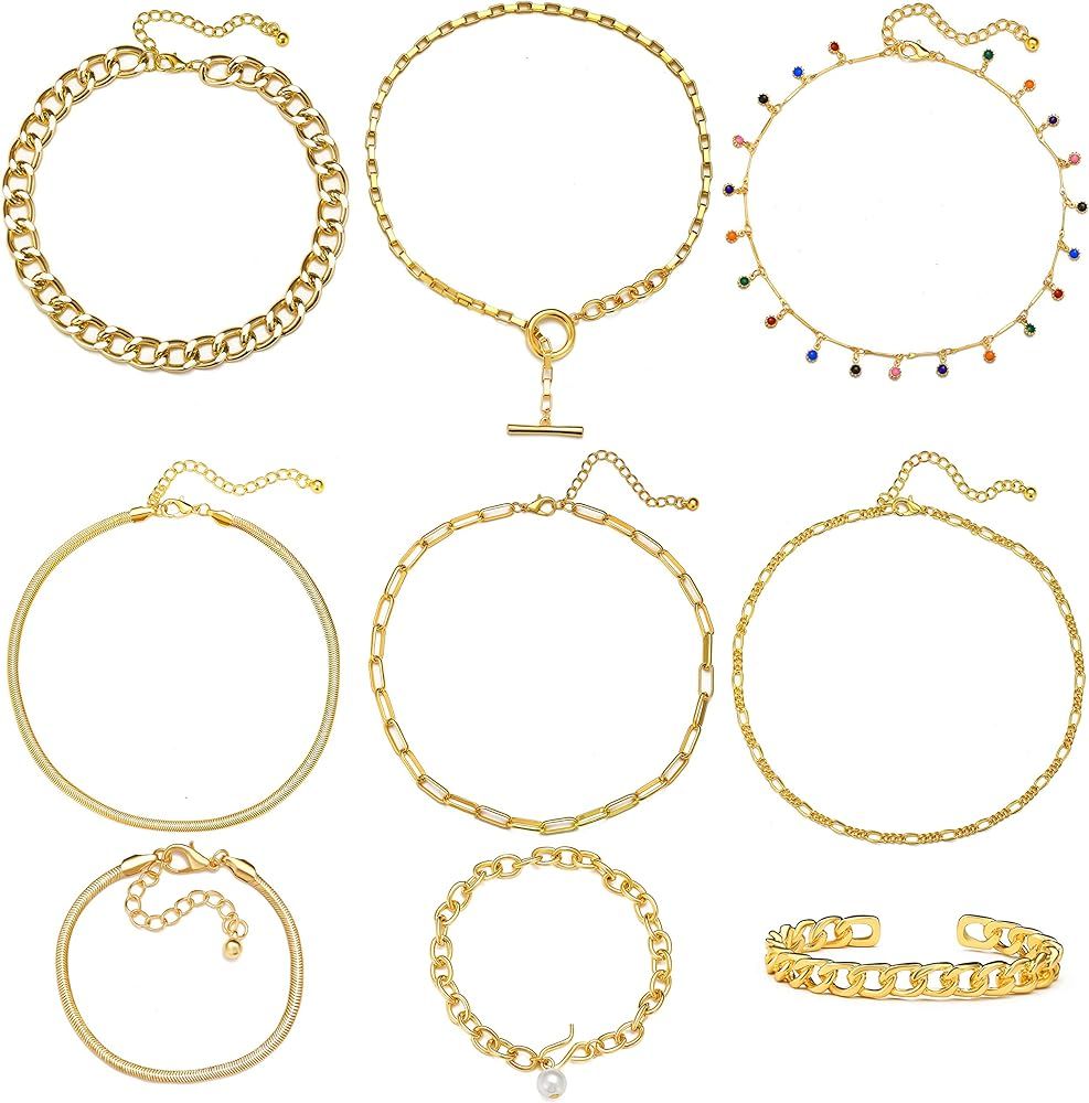 17 MILE Gold Chain Necklace and Bracelet Sets for Women Girls Dainty Link Paperclip Choker Jewelry | Amazon (US)