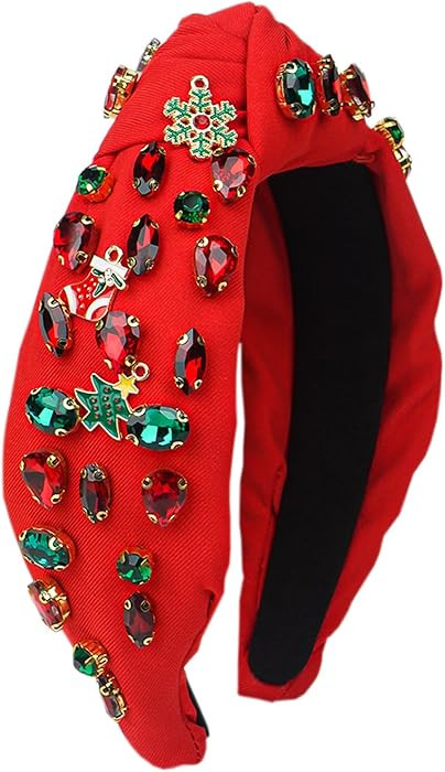 Tulobi Knotted Headband - Xmas Red Green Rhinestone Crystal Jeweled Hairband with Snowflake & Chr... | Amazon (US)