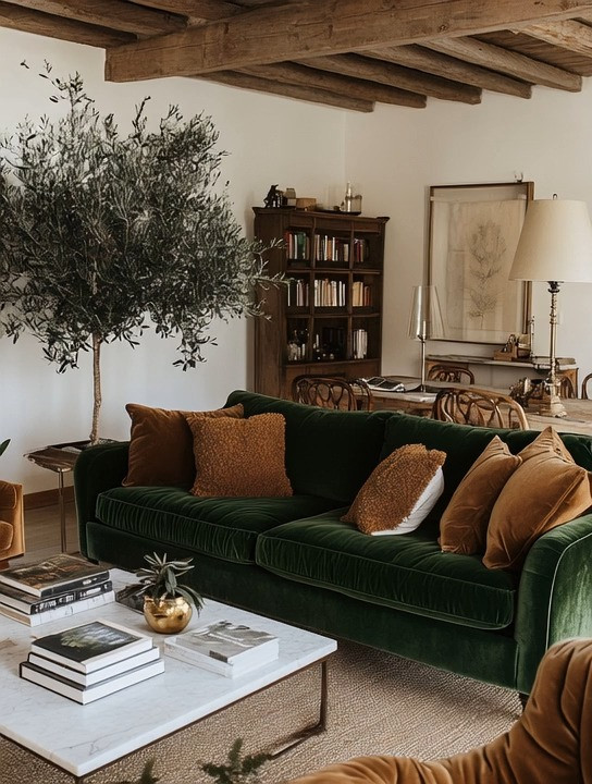 Create European rustic glamour at home by blending rich textures, natural materials, and timeless elegance. A bold emerald green velvet sofa instantly anchors the space, while taupe cushions and neutral upholstery soften the look and create beautiful contrast. This balance of deep color and earthy tones is what gives rustic interiors their warmth—without sacrificing sophistication.

Layer in a marble coffee table to add a refined, old-world touch, and place a statement olive tree nearby to bring life, movement, and that unmistakable Mediterranean feel. Exposed wood beams, wooden furniture, and natural finishes elevate the space even further, making it feel collected, lived-in, and effortlessly glamorous. Velvet adds luxury, marble adds polish, and wood grounds everything in authenticity.

If you have the space, extend this look with a rectangular wooden dining table in the background to complete the European countryside aesthetic. This style works beautifully in modern homes, apartments, and open-concept spaces—proof that rustic glamour is timeless, versatile, and endlessly inviting.

#EuropeanHomeDecor #RusticGlamour #VelvetSofa 

 #LTKHome