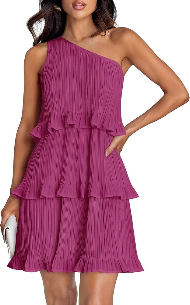 ZESICA Women's 2024 Summer Sleeveless Mini Dress Boho One Shoulder Ruffle Tiered Layered Chiffon ... | Amazon (US)
