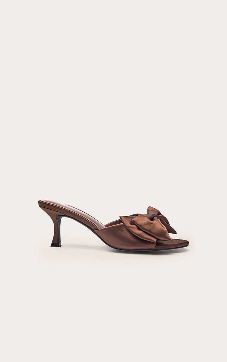 Chocolate Satin Bow Detail Heeled Mule | Footwear | PrettyLittleThing IE