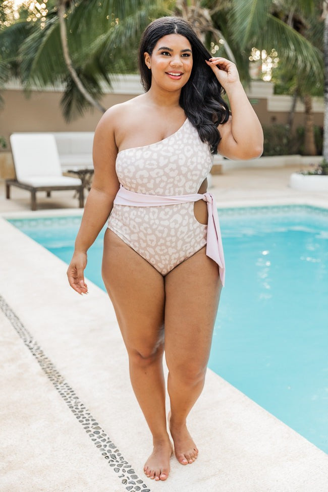 Tropic Sand Dunes Taupe Ribbed One Shoulder Animal Print Swimsuit | Pink Lily