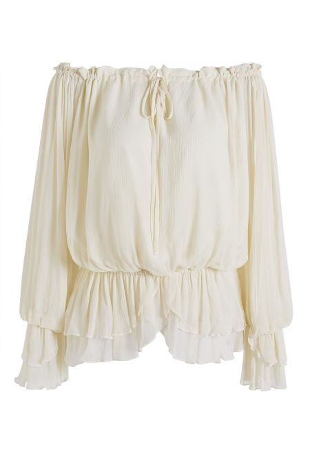 Off-Shoulder Tie-Neck Ruffled Chiffon Top in Cream for Coffee Meetings & Lunch Dates | Chicwish