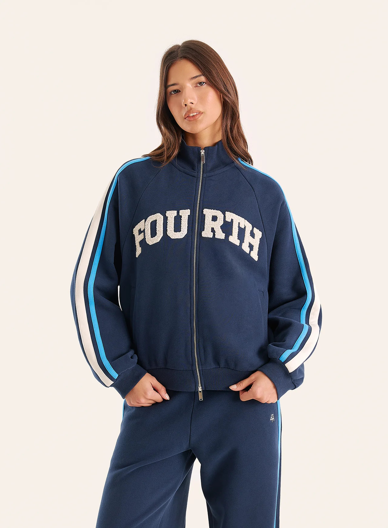 Women's Navy Side Stripe Double Zip Funnel Neck Track Jacket | Taylor | 4th & Reckless | 4th & Reckless