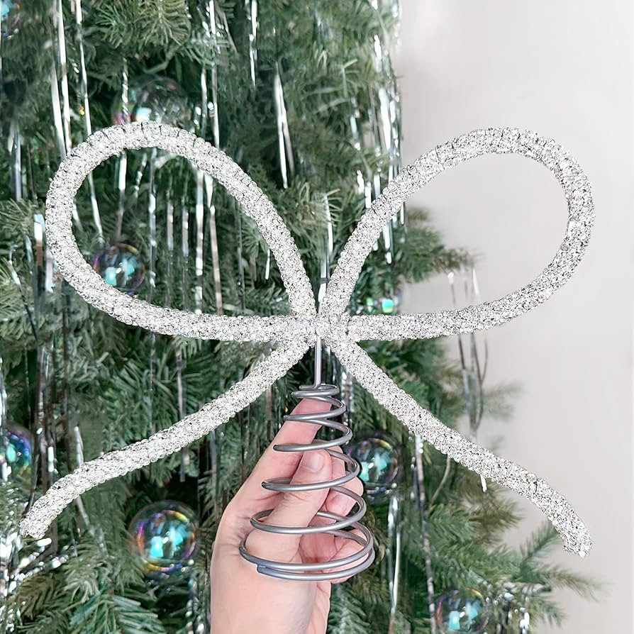 Christmas Decorations - Christmas Decor - Silver Glass Rhinestone Bow Tree Topper - Xmas Holiday ... | Amazon (US)