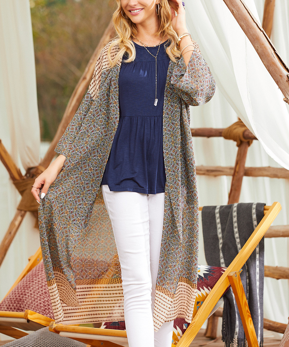 Suzanne Betro Women's Kimono Cardigans 101CREAM/YELLOW/GREY/NAVY - Cream & Gray Scarf Print Duster K | Zulily
