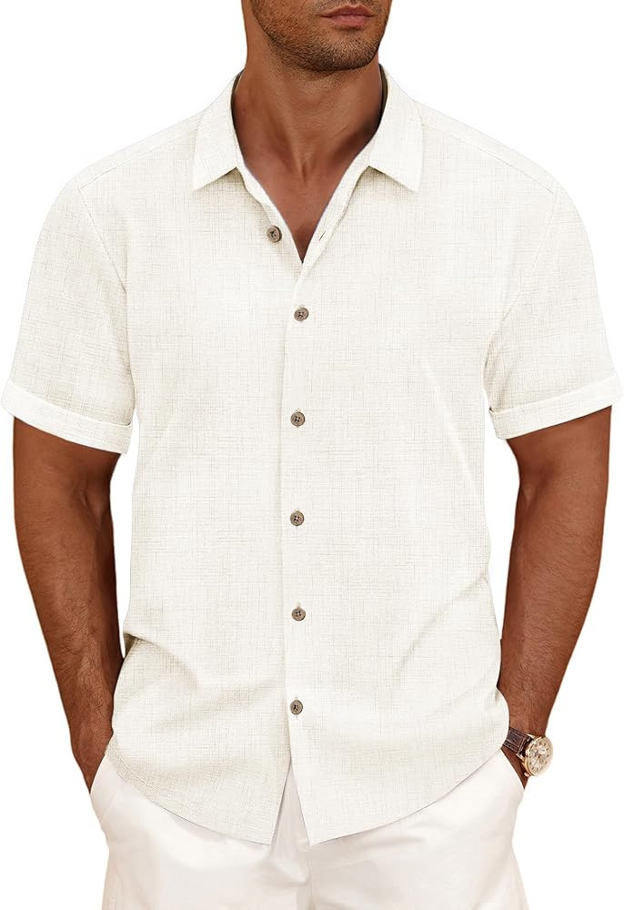 CURBODO Linen Blend Shirts for Men Casual Short Sleeve Button Down Shirt Cool Summer Beach Weddin... | Amazon (US)