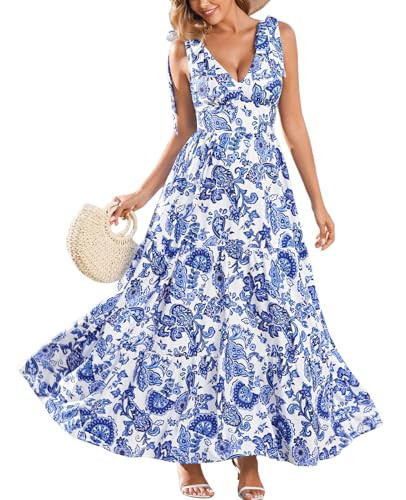 XinFSh Women's Summer Floral Beach Wedding Guest Maxi Dress Tie Shoulder V Neck Long Flowy Boho Vacation Sundress Bluefloral | Amazon (US)