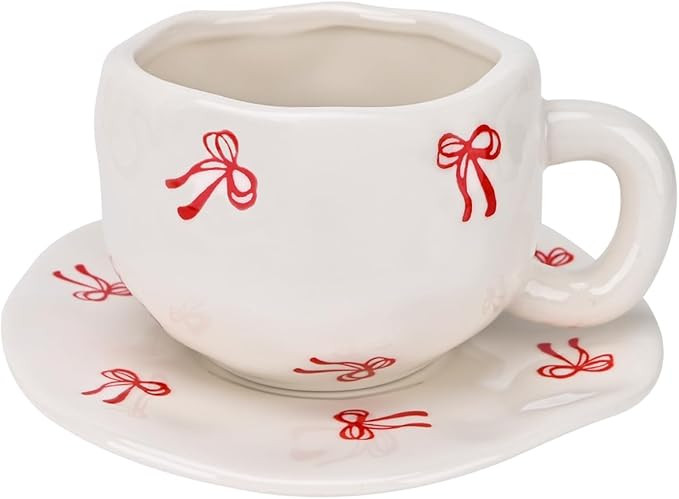 Koythin Ceramic Coffee Mug with Saucer Set, Cute Creative Bow Cup Unique Irregular Design for Off... | Amazon (US)