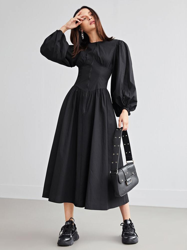 SHEIN Zip Front Lantern Sleeve Solid Dress | SHEIN